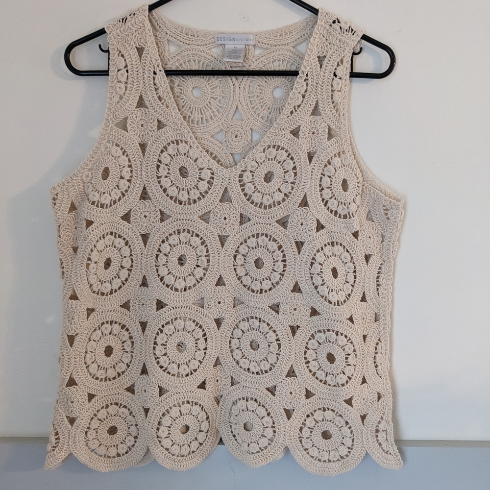 Crocheted Vest Design History Tan Cropped Embellished Tank Top